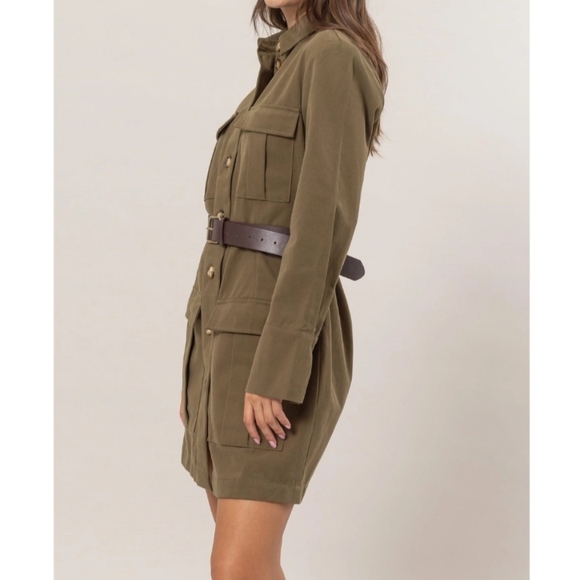 #363 🛑35 S,M,L FINAL PRICE Brushed Twill Olive Green Belted Dress - Picture 4 of 5